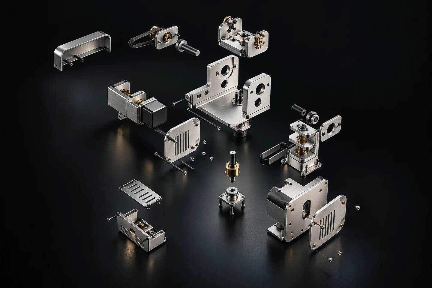 Exploded PTZ mechanism study with brushed metal plates, shafts, belts and motors on an obsidian background