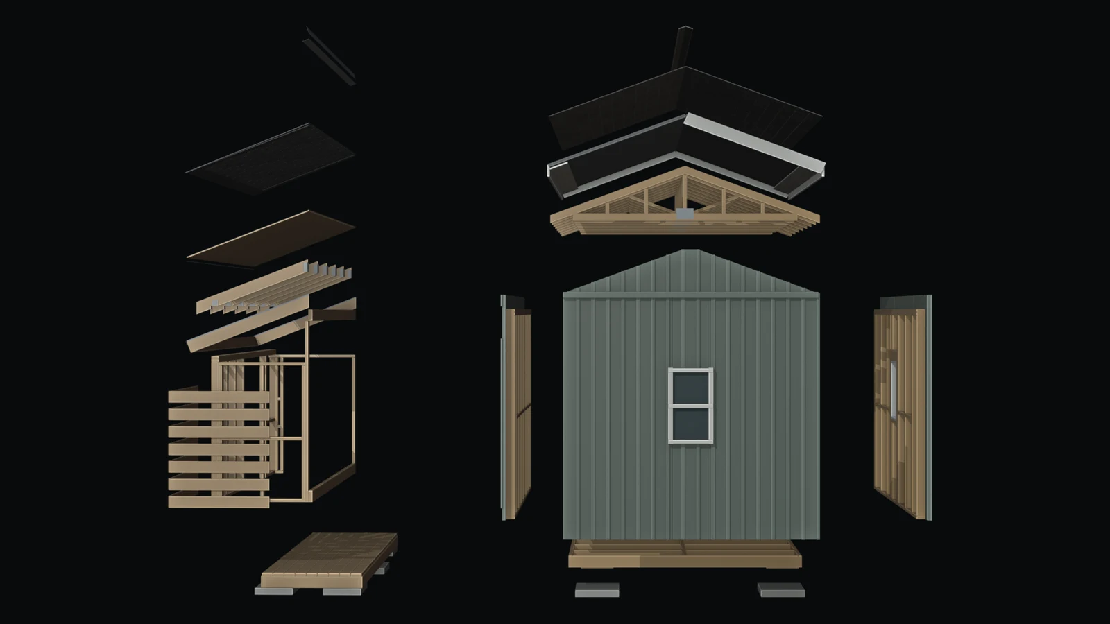 Native woodshed render with the roof, walls and timber extension separated into assembly layers